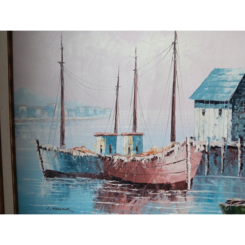MCM Original KESWICK Oil Painting Fishing Boats in Harbor PINK SKY Calm Nautical - Picture 3 of 12